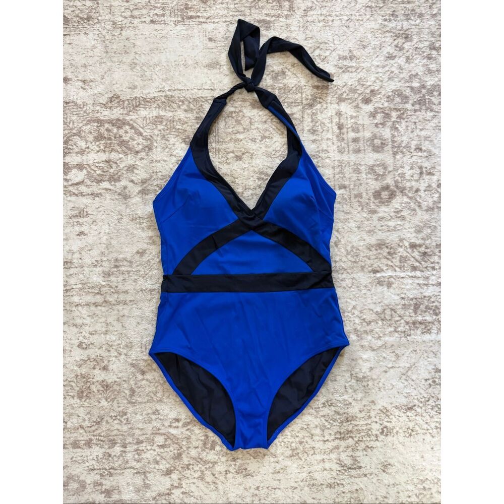 Boden Women's Colorblock Halter Neck One Piece Swimsuit Blue Black Size 14
